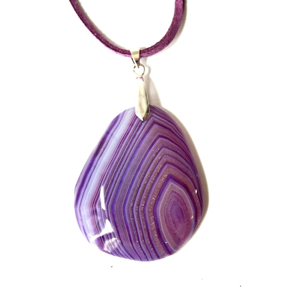 Agate Stone Pendant Necklace Purple White Clear Waves BOHO OOAK Unique Jewelry
